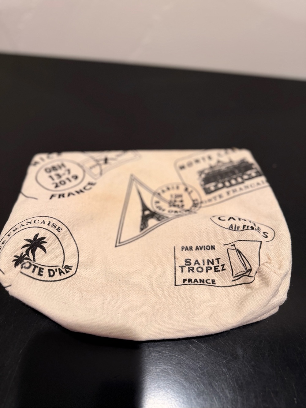 Lancome Beige Cosmetic Pouch with Black Travel Stamp Print